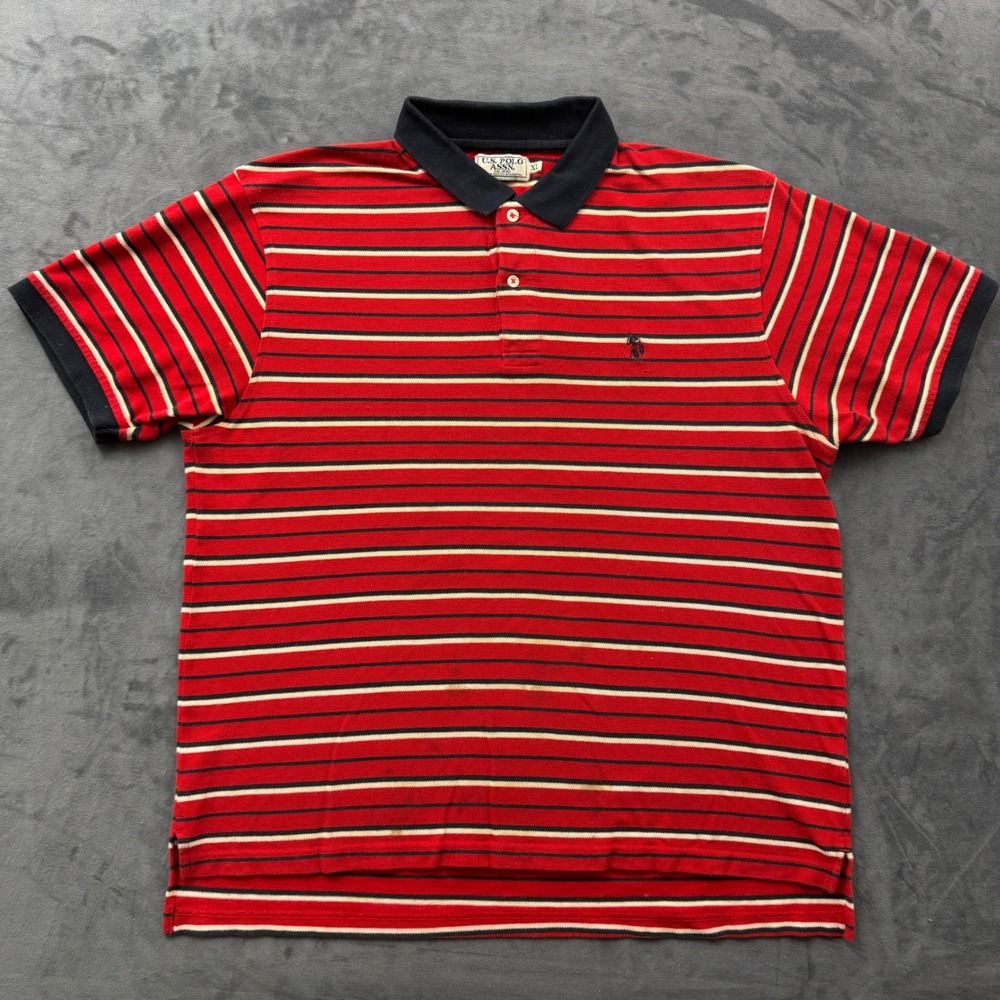 US Polo Assn Mens XL Red Striped Short Sleeve Cotton Pique Polo Shirt Logo